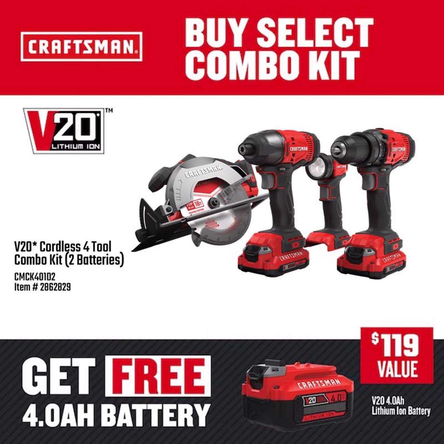 Craftsman V20 Cordless Brushed 4 Tool Combo Kit 4 Craftsman V20 Cordless Brushed 4 Tool Combo Kit - Image 2
