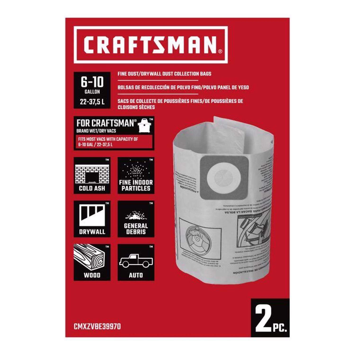 Craftsman 2 In. L X 10 In. W Wet/Dry Vac Filter Bag 2 Pc 3 Craftsman 2 In. L X 10 In. W Wet/Dry Vac Filter Bag 2 Pc