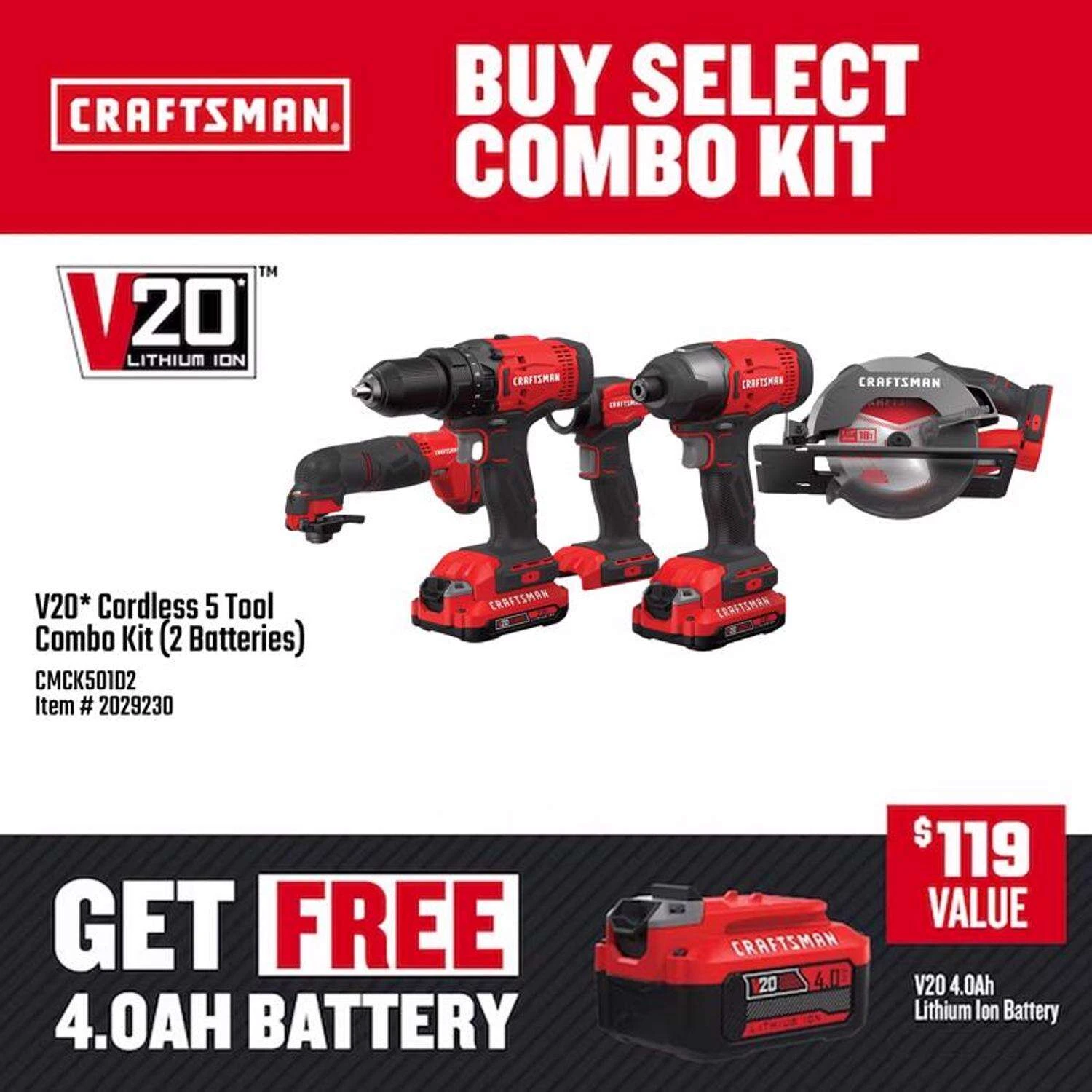 Craftsman V20 Cordless Brushed 5 Tool Combo Kit 4 Craftsman V20 Cordless Brushed 5 Tool Combo Kit - Image 2