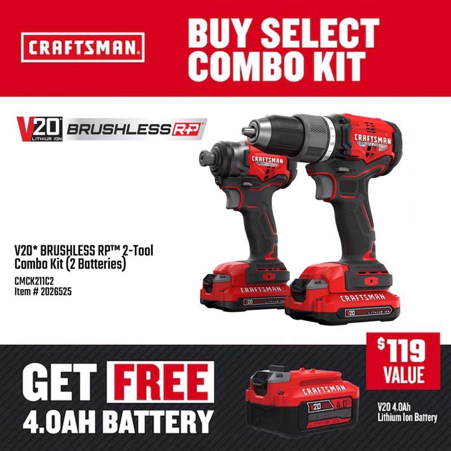 Craftsman V20 Brushless RP Cordless 2 Tool Combo Kit 4 Craftsman V20 Brushless RP Cordless 2 Tool Combo Kit - Image 2
