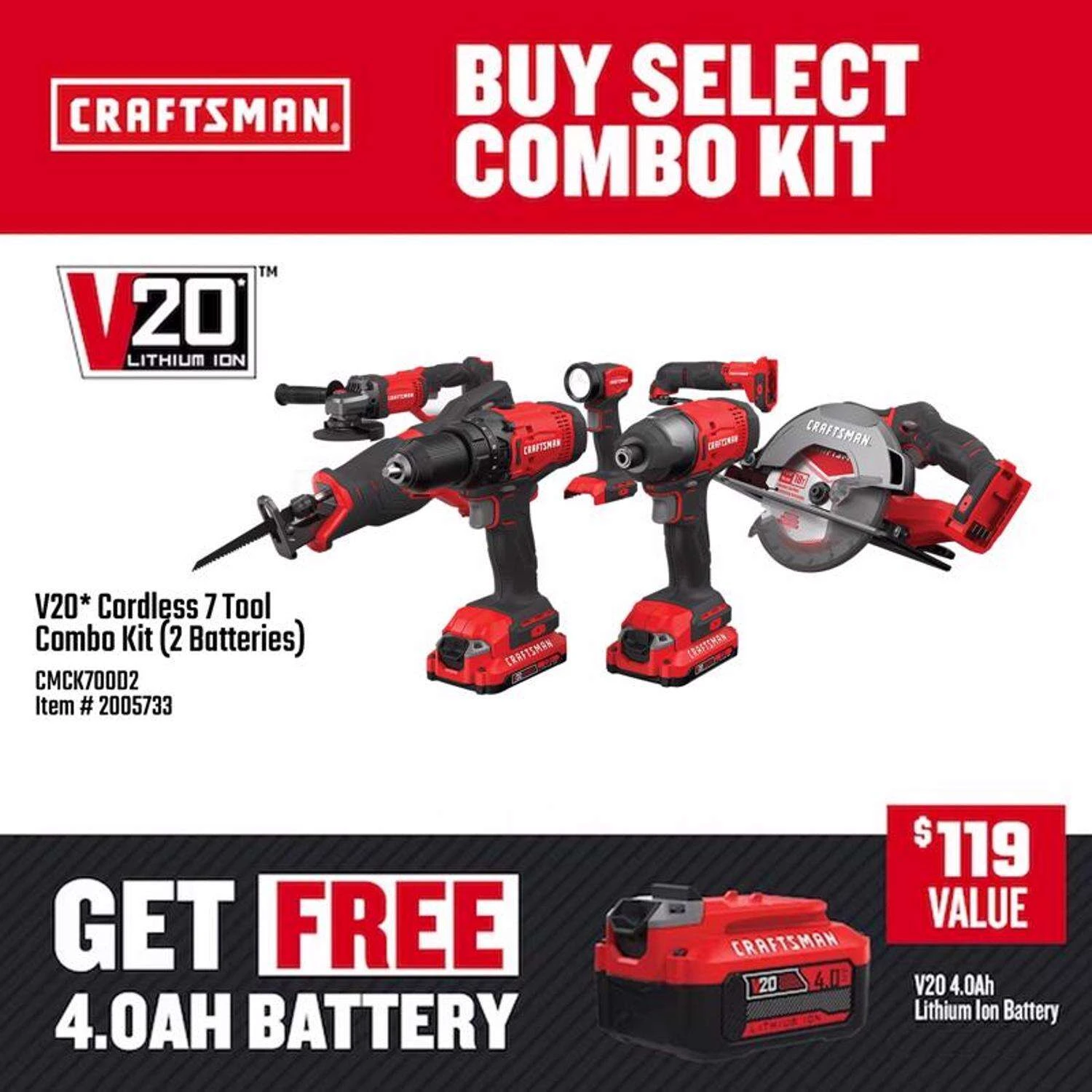 Craftsman V20 Cordless Brushed 7 Tool Combo Kit 4 Craftsman V20 Cordless Brushed 7 Tool Combo Kit - Image 2