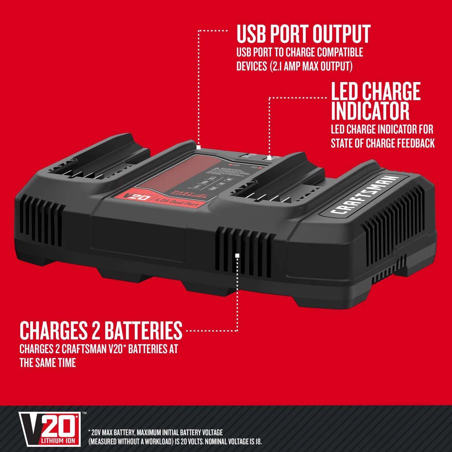 Craftsman V20 20 V Lithium-Ion Dual Battery Charger 1 Pc 5 Craftsman V20 20 V Lithium-Ion Dual Battery Charger 1 Pc - Image 3